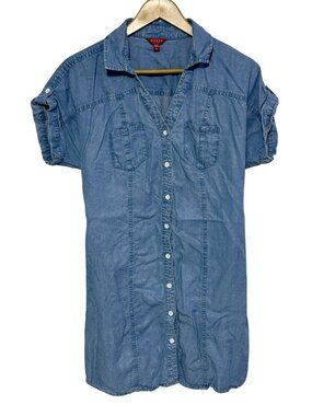 Guess Womens Blue Denim Button-Down Shirt Dress With Short Sleeves Size M